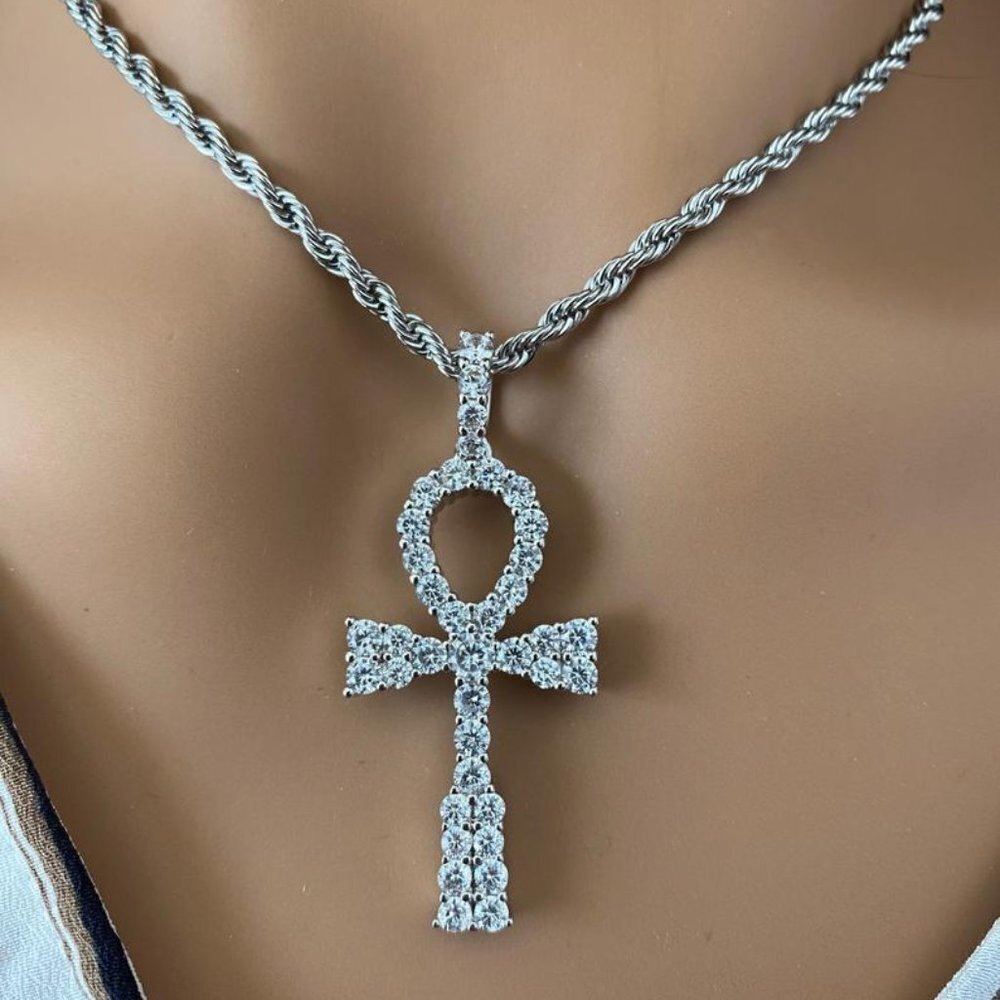 Women's 14k White Gold Diamond Ankh Pendant / Christmas